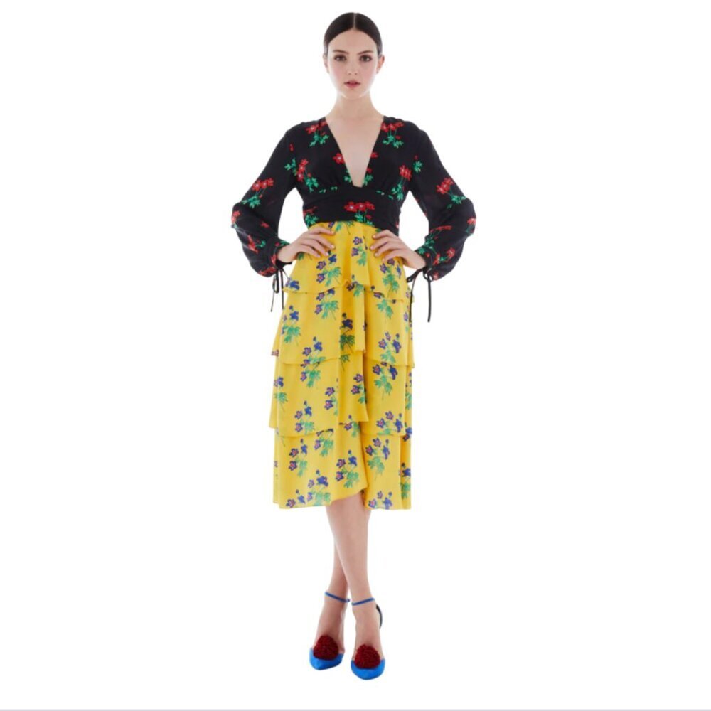 NWOT Novis Berkeley Midi Dress Womens 2 Black Yellow Floral Print V-Neck Silk NE